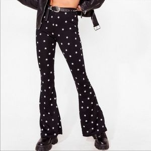 Nasty Gal Star Print Black High Rise Flare Pants